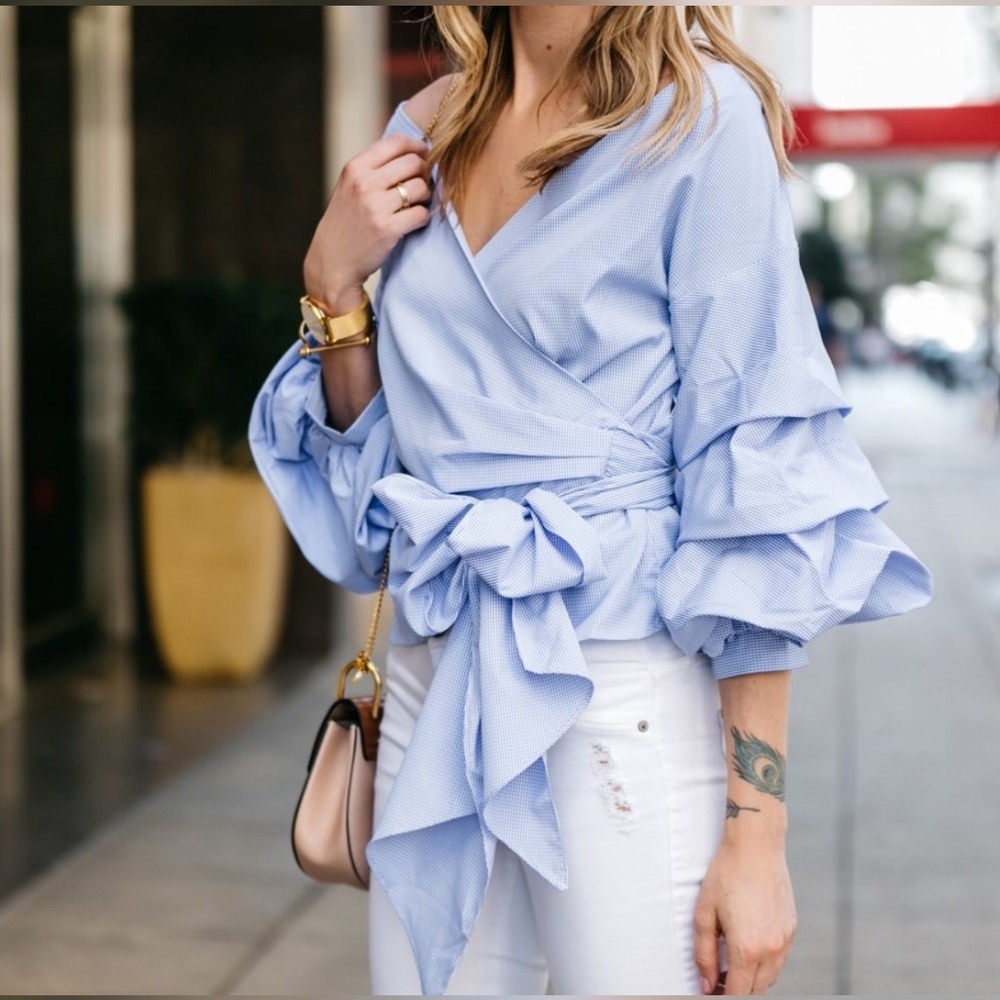 LUXE BY STYLEKEEPERS Gingham Tie‎ Waisy Ruffle Wrap Top